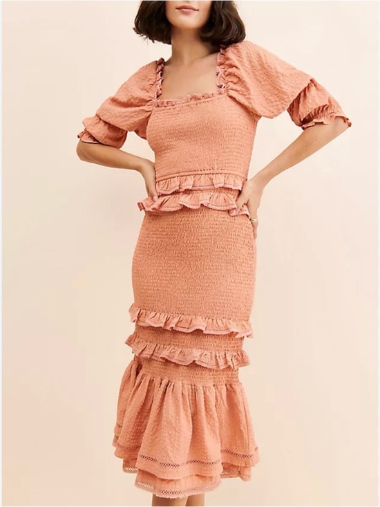 Rachel Parcell Dresses & Skirts - Rachel Parcell Bubble Crepe Smocked Ruffle Midi Dress XS Dusty Peach